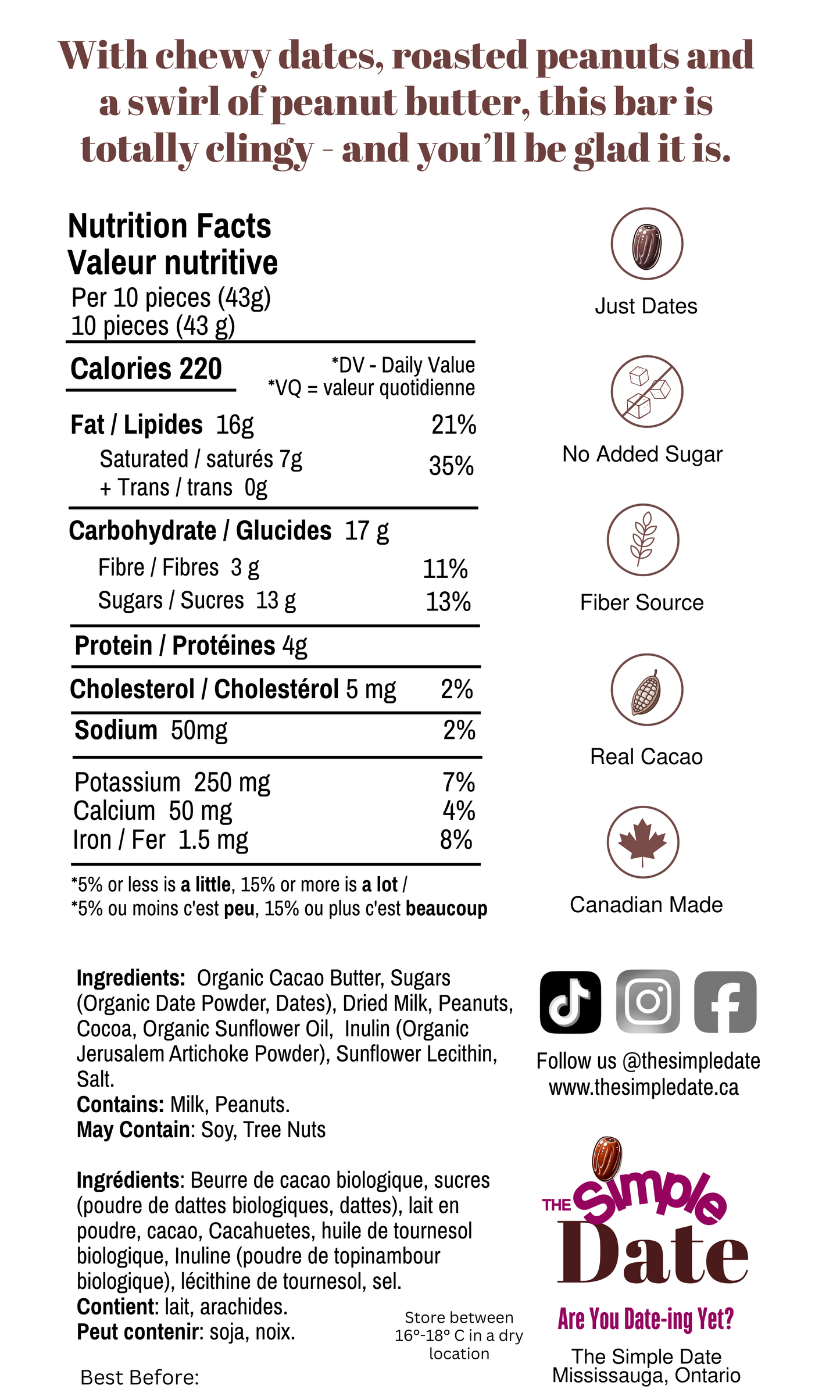 Healthy Naturally Date Sweetened No Sugar Added Fiber Canadian-Made Peanut Butter Chocolate