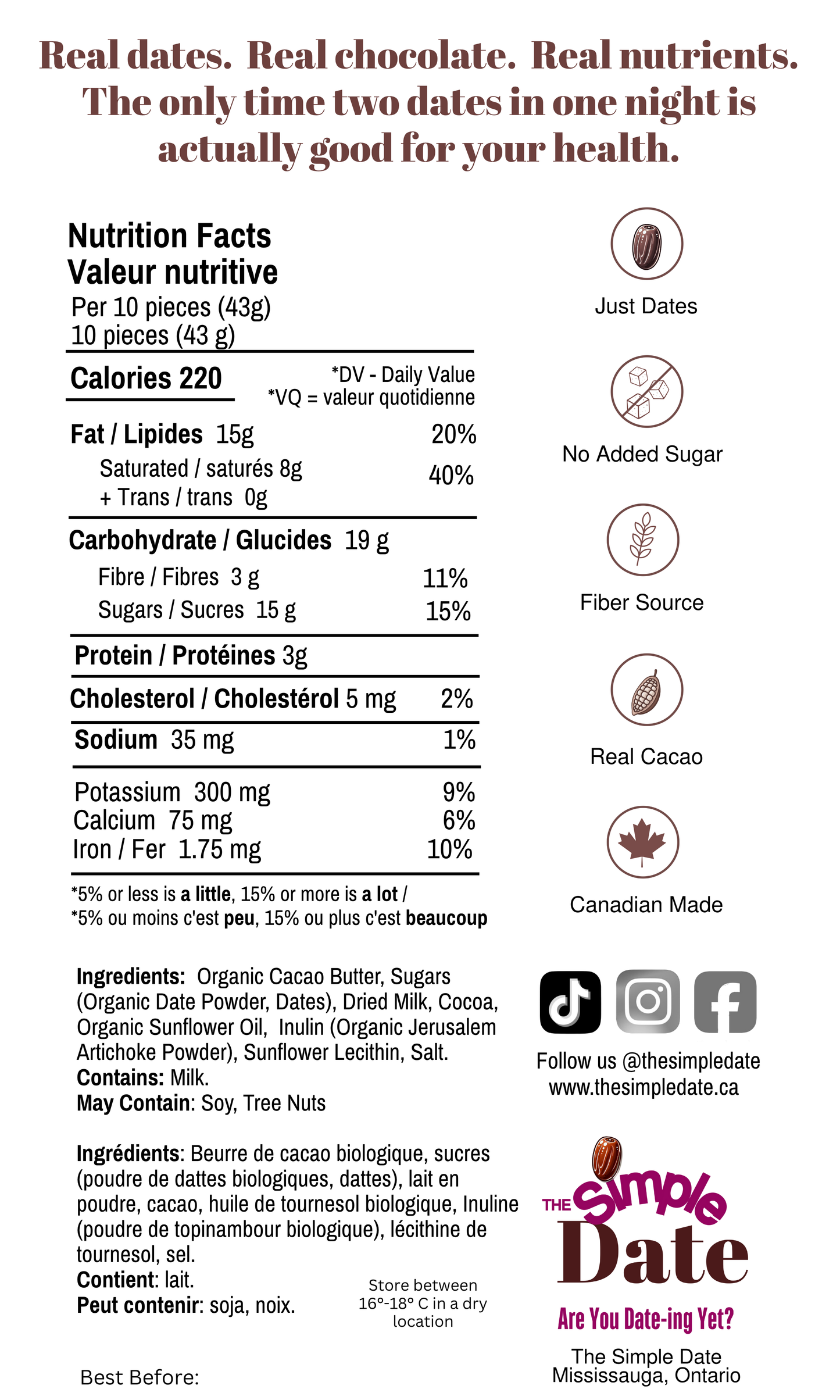 Healthy Naturally Date Sweetened No Refined Sugar Added Fiber Canadian-Made Chocolate