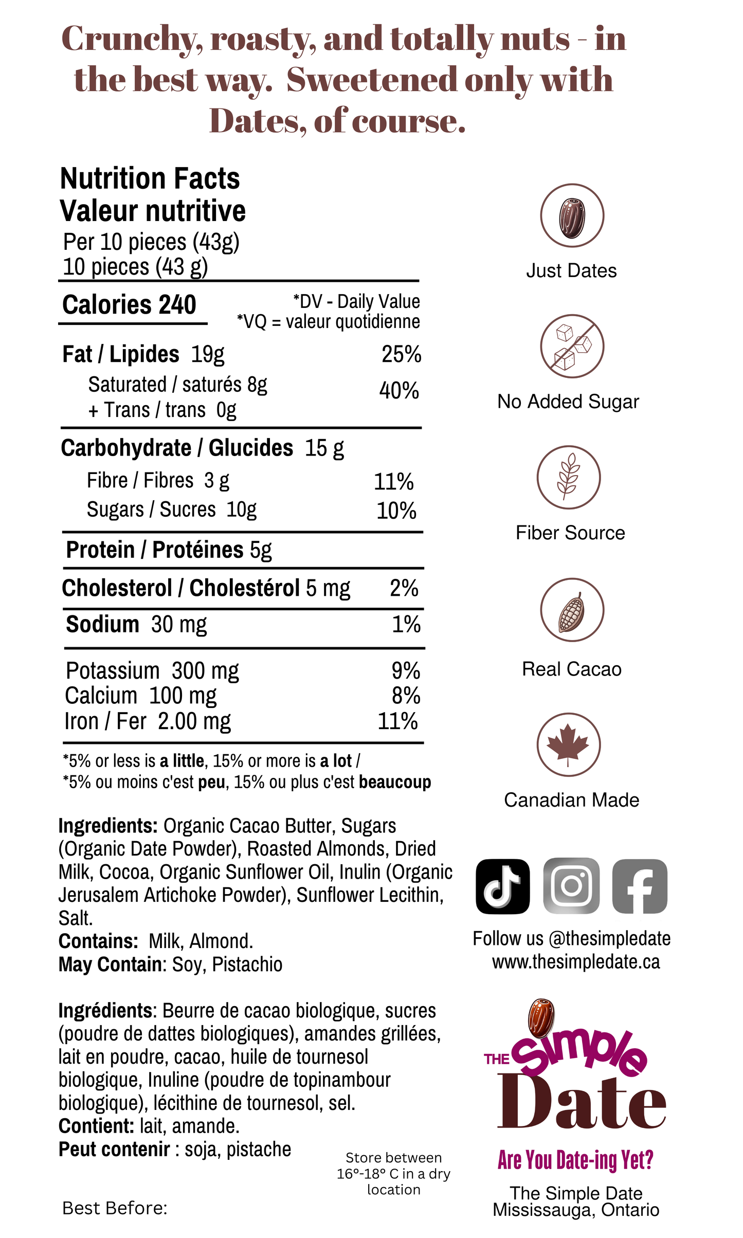 Healthy Naturally Date Sweetened No Sugar Added Fiber Canadian Almond Chocolate