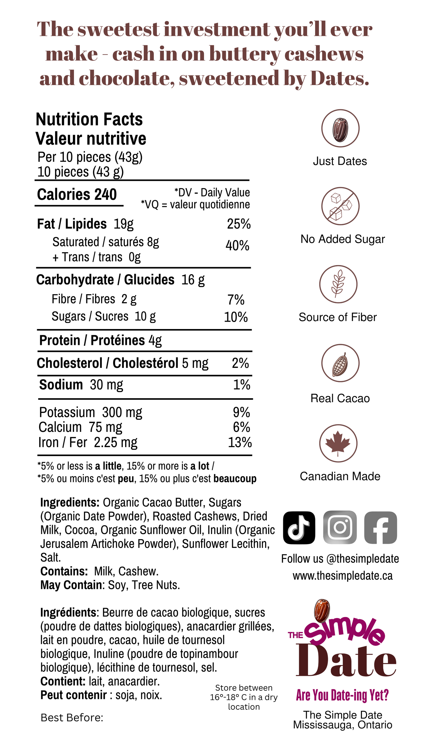 Healthy Naturally Date Sweetened No Added Sugar No Refined Sugar Fiber Canadian-made Cashew Chocolate