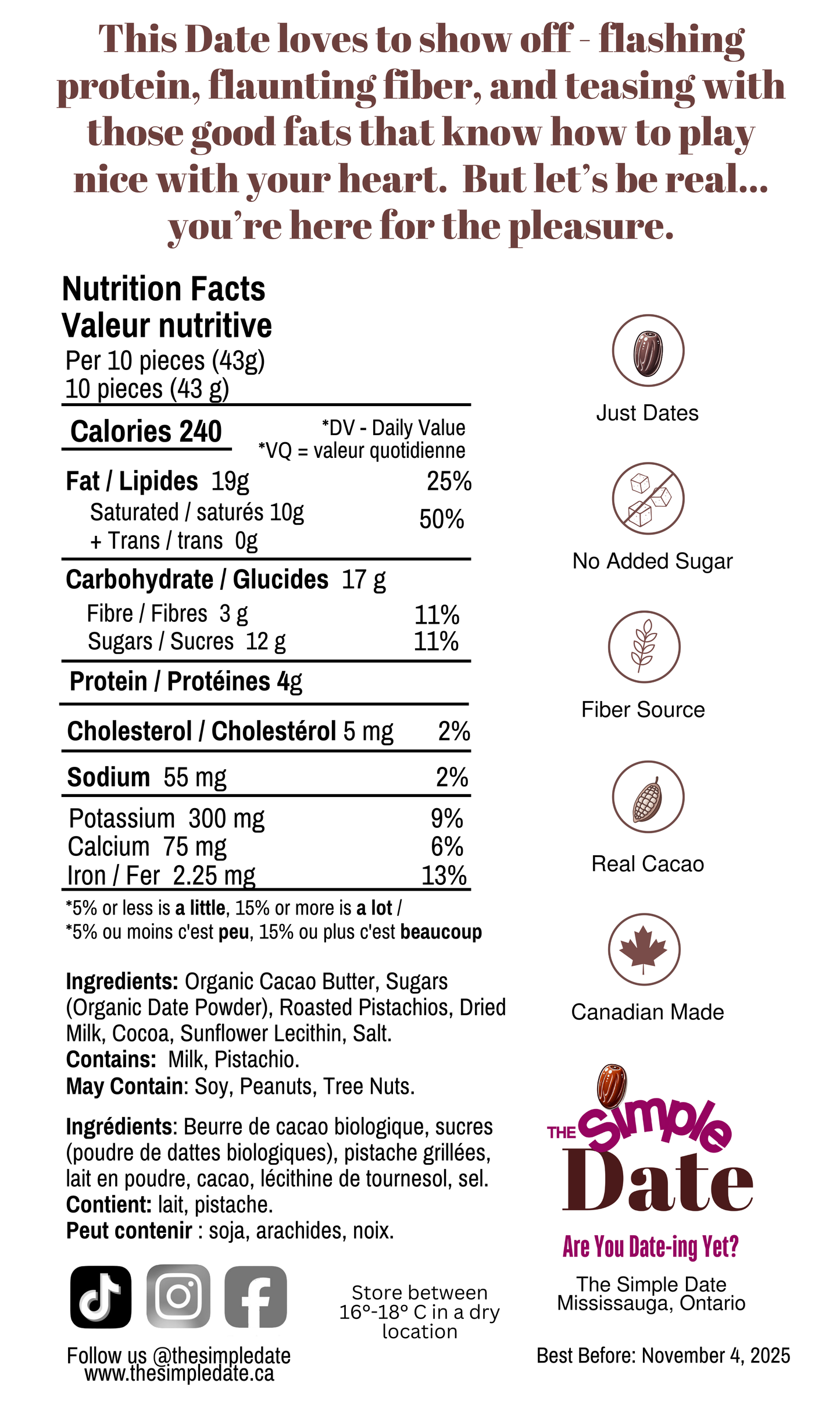 Healthy Naturally Date Sweetened No Added Sugar No Refined Sugar Fiber Canadian-made Pistachio Chocolate