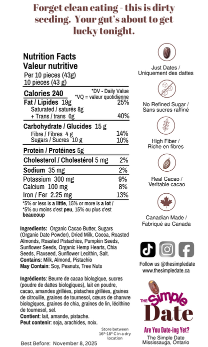Healthy organic Naturally Date Sweetened chocolate sweetened with fruit No Sugar Added chocolate no refined sugar date sugar low sugar chocolate near me High Fiber dates almond pistachio chia seed flax seed hemp seed sunflower seed pumpkin seed chocolate dark chocolate gut friendly microbiome menopause perimenopause chocolate clean ingredients