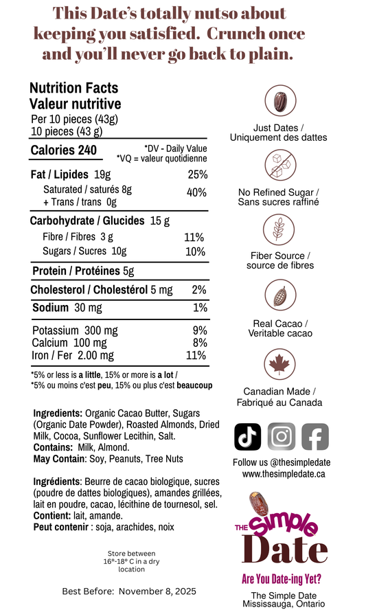 Healthy organic Naturally Date Sweetened chocolate sweetened with fruit No Sugar Added chocolate no refined sugar date sugar low sugar chocolate near me High Fiber dates almonds almond chocolate dark chocolate gut friendly clean ingredients