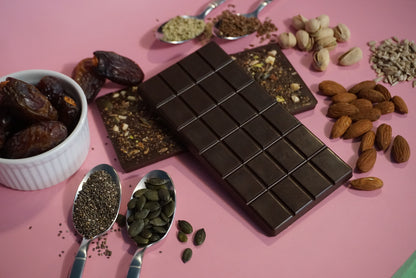 Healthy organic Naturally Date Sweetened chocolate sweetened with fruit No Sugar Added chocolate no refined sugar date sugar low sugar chocolate near me High Fiber dates almond pistachio chia seed flax seed hemp seed sunflower seed pumpkin seed chocolate dark chocolate gut friendly microbiome menopause perimenopause chocolate clean ingredients