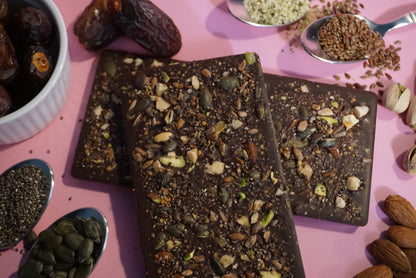 Healthy organic Naturally Date Sweetened chocolate sweetened with fruit No Sugar Added chocolate no refined sugar date sugar low sugar chocolate near me High Fiber dates almond pistachio chia seed flax seed hemp seed sunflower seed pumpkin seed chocolate dark chocolate gut friendly microbiome menopause perimenopause chocolate clean ingredients