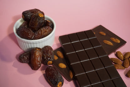 Healthy organic Naturally Date Sweetened chocolate sweetened with fruit No Sugar Added chocolate no refined sugar date sugar low sugar chocolate near me High Fiber dates almonds almond chocolate dark chocolate gut friendly clean ingredients