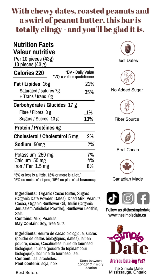 Healthy Naturally Date Sweetened No Sugar Added Fiber Canadian-Made Peanut Butter Chocolate 