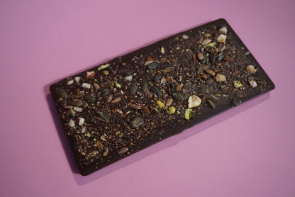 Healthy organic Naturally Date Sweetened chocolate sweetened with fruit No Sugar Added chocolate no refined sugar date sugar low sugar chocolate near me High Fiber dates almond pistachio chia seed flax seed hemp seed sunflower seed pumpkin seed chocolate dark chocolate gut friendly microbiome menopause perimenopause chocolate clean ingredients